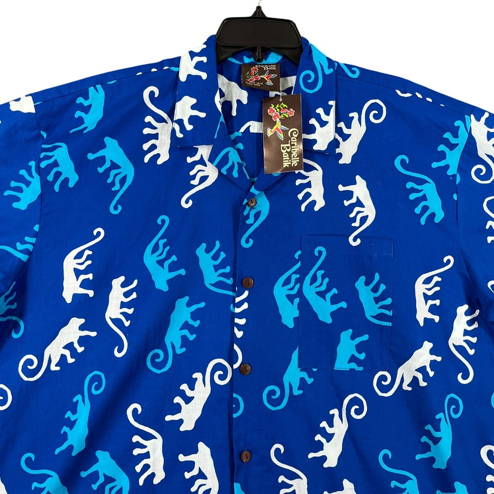 Caribelle Batik Button Down Shirt Mens L Monkey Print Blue Cotton Voile Vacation